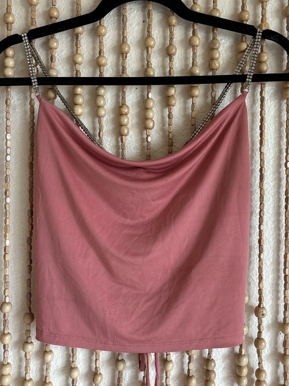 Dusty Rose Rhinestone Strap Cowl Draped Neck Silky Open Back Crop Top Concert